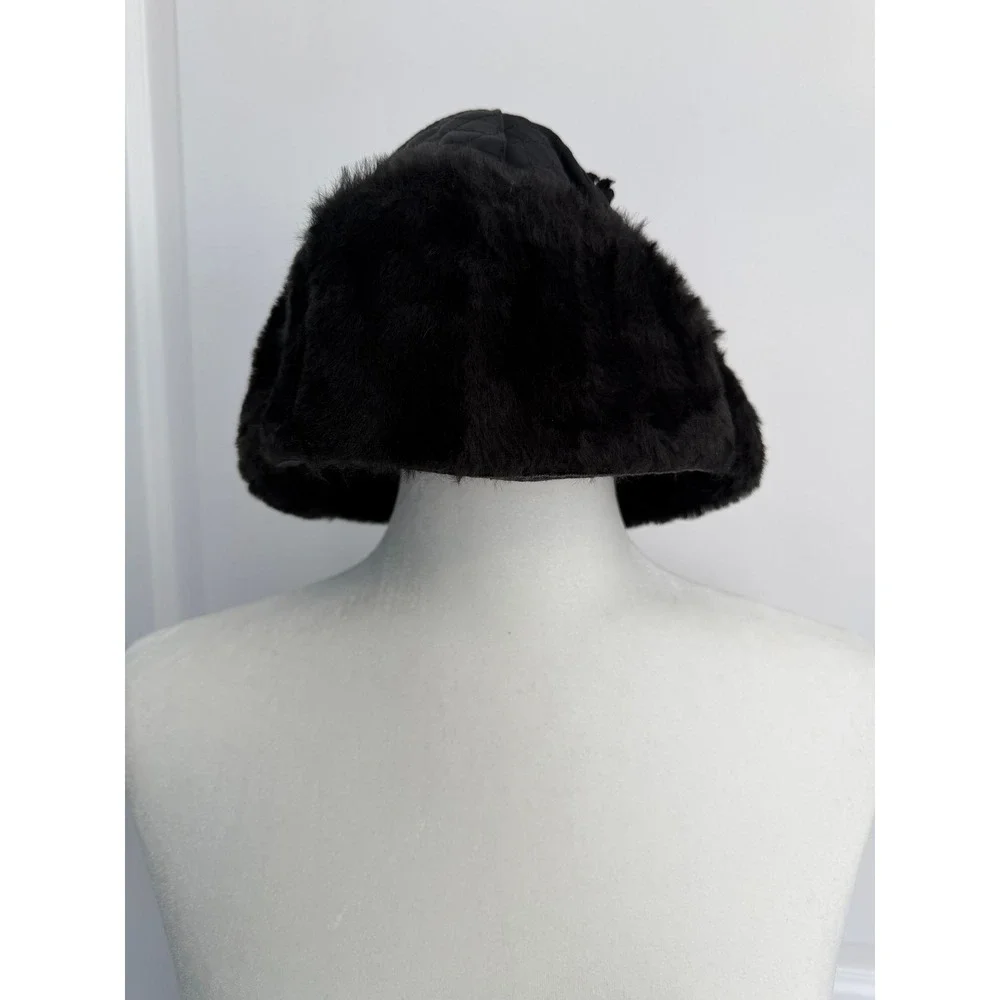 J Crew Black Quilted Trapper Hat Faux Fur Made‎ in Italy OSFM